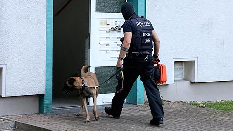 Ein Polizist und ein Spürhund betreten während eines SEK-Einsatzes ein Wohnhaus. (Symbolbild)
