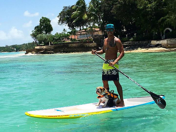 Lewis Hamilton und Coco beim Surfen