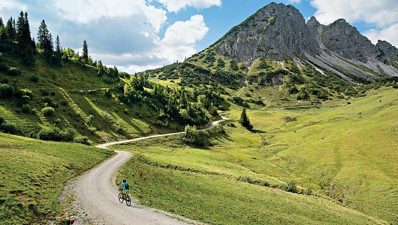 Hinten sieht man die felsige Nordwand des Litnisschrofen. Wer hier strampelt, kommt ins Schwitzen. Hinten sieht man die felsige Nordwand des Litnisschrofen. Wer hier strampelt, kommt ins Schwitzen.