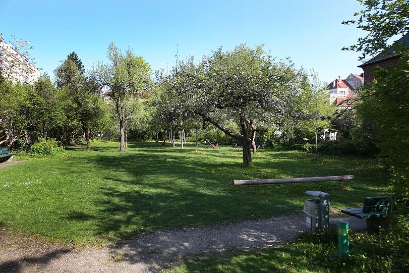 ... und gleich dahinter ein malerischer Garten mit alten Obstbäumen.