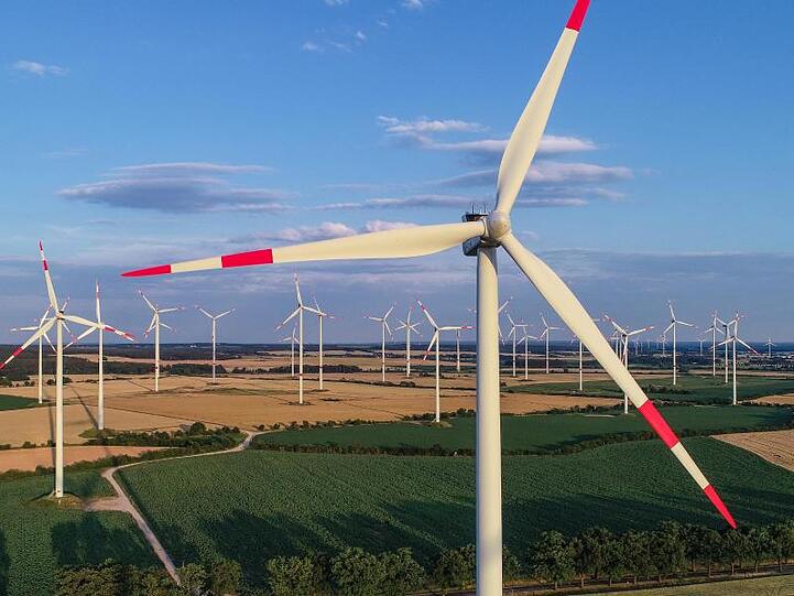 Blick über einen Windenergiepark in Brandenburg.