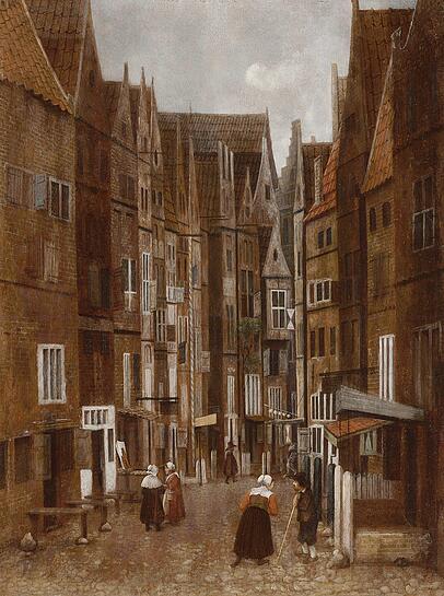 Diese Straßenszene von Jacobus Vrel muss um 1633/35 entstanden sein, da war Johannes Vermeer zwischen ein und drei Jahre alt. Damit ist klar, dass Vrel seinen berühmten Kollegen nicht nachgeahmt haben kann. Dieses vielschichtige Gemälde mit seiner komplexen Architektur konnte durch die Unterstützung der Ernst von Siemens Kunststiftung für die Alte Pinakothek angekauft werden.