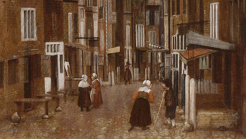 Diese Straßenszene von Jacobus Vrel muss um 1633/35 entstanden sein, da war Johannes Vermeer zwischen ein und drei Jahre alt. Damit ist klar, dass Vrel seinen berühmten Kollegen nicht nachgeahmt haben kann. Dieses vielschichtige Gemälde mit seiner komplexen Architektur konnte durch die Unterstützung der Ernst von Siemens Kunststiftung für die Alte Pinakothek angekauft werden. Diese Straßenszene von Jacobus Vrel muss um 1633/35 entstanden sein, da war Johannes Vermeer zwischen ein und drei Jahre alt. Damit ist klar, dass Vrel seinen berühmten Kollegen nicht nachgeahmt haben kann. Dieses vielschichtige Gemälde mit seiner komplexen Architektur konnte durch die Unterstützung der Ernst von Siemens Kunststiftung für die Alte Pinakothek angekauft werden.