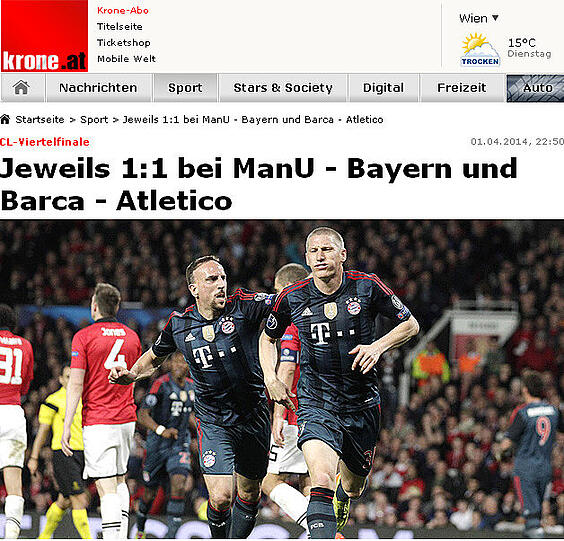 Die österreichische Krone eher nüchtern: Jeweils 1:1 bei ManU - Bayern und Barca - Atletico