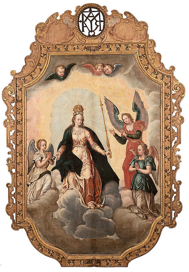 Rückseite des Prozessionsbildes mit Maria als Himmelskönigin. Rückseite des Prozessionsbildes mit Maria als Himmelskönigin.