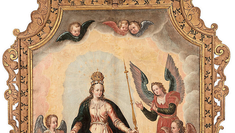 Rückseite des Prozessionsbildes mit Maria als Himmelskönigin. Rückseite des Prozessionsbildes mit Maria als Himmelskönigin.