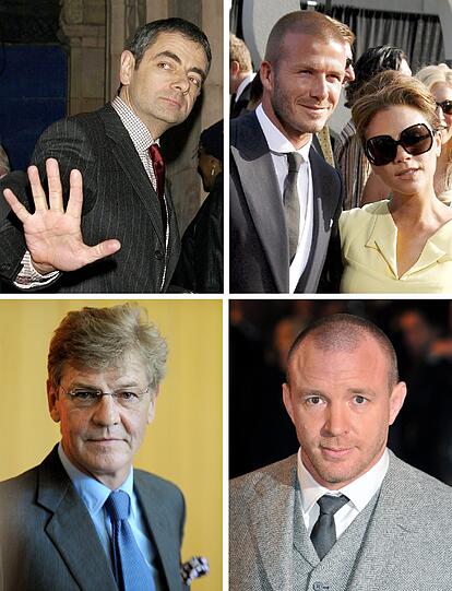 Hier nochmal ein Zusammenschnitt der wichtigsten Gäste: "Mister Bean" Rowan Atkinson (oben, l-r), Fußballer David Beckham und Frau Victoria, Ernst August Prinz von Hannover (unten, l-r) und den britischen Regisseur Guy Ritchie.