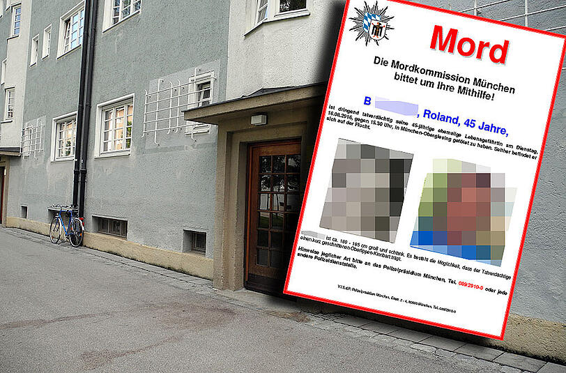 In diesem Hauseingang erstach seine Ex-Freundin. Die Polizei sucht jetzt auch in den Bergen mit Fahndungsplakaten nach dem 45-Jährigen.