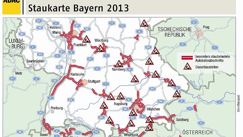 Der ADAC hat auf der Karte eingezeichnet, an welchen Stellen Autofahrer am nächsten Wochenende und während der Ferienzeit Nerven lassen werden. Der ADAC hat auf der Karte eingezeichnet, an welchen Stellen Autofahrer am nächsten Wochenende und während der Ferienzeit Nerven lassen werden.