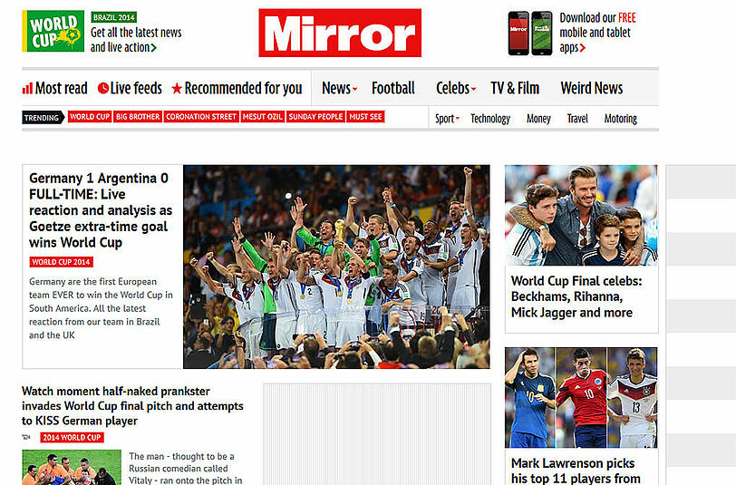 Der Mirror berichtet zunächst nachtrichtlich, hat aber auch ein Stück zu dem Flitzer, der den WM-Rasen stürmte, im Programm