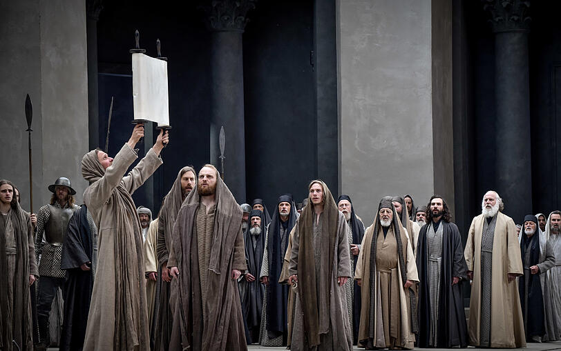 Jesus als gläubiger Jude: Frederik Mayet betet mit einer Tora-Rolle nach der Vertreibung der Händler aus dem Tempel auf Hebräisch das Shma Israel.