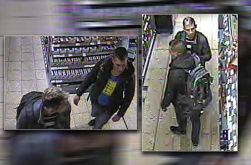Diese beiden Fotos der Überwachungskameras veröffentlichte die Polizei am Dienstag. Die Bilder zeigen zwei Männer, die Mitte April Alkohol im Wert von rund 600 Euro gestohlen haben.