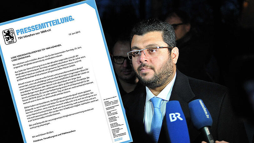 Diese Pressemitteilung des TSV 1860 ärgerte Investor Hasan Ismaik: Die Löwen sagten die für Sonntag geplante Mitgliederversammlung ab. Diese Pressemitteilung des TSV 1860 ärgerte Investor Hasan Ismaik: Die Löwen sagten die für Sonntag geplante Mitgliederversammlung ab.