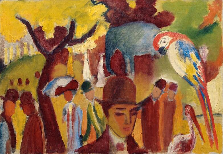 Im Tiergarten läuft der farbstarke August Macke zur Hochform auf, und ein Papagei ist meistens auch dabei. 1912 hat er den „Kleinen Zoologischen Garten in Braun und Gelb“ gemalt.