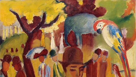 Im Tiergarten läuft der farbstarke August Macke zur Hochform auf, und ein Papagei ist meistens auch dabei. 1912 hat er den „Kleinen Zoologischen Garten in Braun und Gelb“ gemalt.
