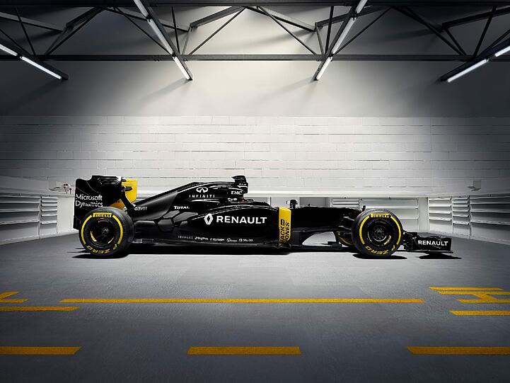 Der Renault RS 16 ist - auch das war eine Überraschung - fast komplett in Schwarz gehalten. Das charakteristische Gelb ist lediglich auf den Seitenkästen und an Front- und Heckflügel zu finden. Bis zum Saisonstart kann und soll sich das farbliche Erscheinungsbild allerdings noch ändern.