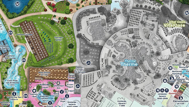 Der ausgegraute Bereich sind jene Teile der Therme, die bis zum einschließlich 7. Dezember gesperrt sind. Der ausgegraute Bereich sind jene Teile der Therme, die bis zum einschließlich 7. Dezember gesperrt sind.