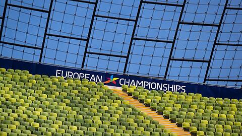 Logo und Schriftzug der "European Championships" im Münchner Olympiastadion.