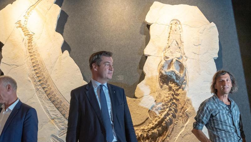 Michael Völker (l-r), Museumsgründer, Markus Söder (CSU), Ministerpräsident, und Raimund Albersdörfer, Paläontologe. Foto: Peter Kneffel Michael Völker (l-r), Museumsgründer, Markus Söder (CSU), Ministerpräsident, und Raimund Albersdörfer, Paläontologe. Foto: Peter Kneffel