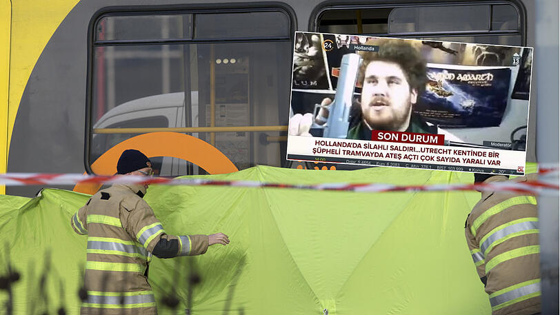 Die Polizei am Tatort in Utrecht. Das kleine Bild zeigt den "Drachenlord" im Ausschnitt des türkischen TV-Senders.