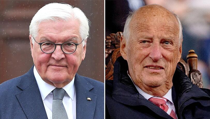 Frank-Walter Steinmeier (li.) sprach in seinem Kondolenzschreiben in h&ouml;chsten T&ouml;nen &uuml;ber den verstorbenen K&ouml;nig Harald von Norwegen.