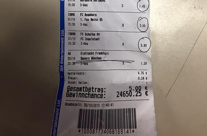 Der erste Tipp des Wettscheins, das Bayern-Spiel, lag daneben, die Wetten für die restlichen acht Bundesliga-Partien waren alle richtig getippt.