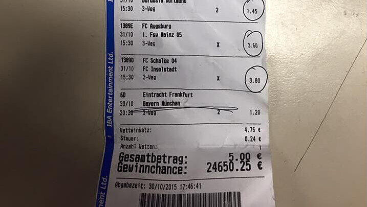 Der erste Tipp des Wettscheins, das Bayern-Spiel, lag daneben, die Wetten für die restlichen acht Bundesliga-Partien waren alle richtig getippt. Der erste Tipp des Wettscheins, das Bayern-Spiel, lag daneben, die Wetten für die restlichen acht Bundesliga-Partien waren alle richtig getippt.
