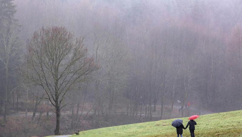 Spaziergänger sind mit Regenschirmen an einem nebligen tristen Wintertag unterwegs.