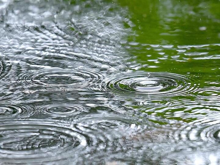 Regentropfen treffen auf die Wasseroberfläche eines Gartenteiches. Foto: Caroline Seidel/dpa/Archivbild