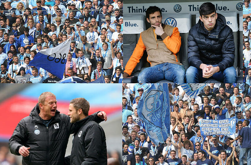 Können sie bald wieder die Löwen-Fans und Trainer Torsten Fröhling (l.) begeistern? Dominik Stahl, Rodri und Edu Bedia.