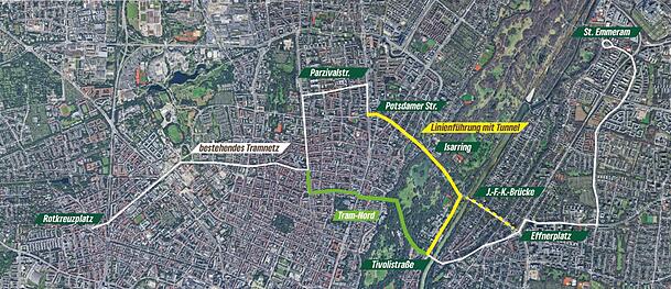Diesen Plan haben die Grünen veröffentlicht. Er zeigt die beiden Tram-Linien. Die grüne zeigt die Trasse, die das Rathaus auf der heutigen Busspur geplant hat. Die gelbe zeigt, wie die Trasse mit einem Tunnel aussehen könnte. Doch wo genau die Tram bei dieser Variante in den Park hineinfährt, ist noch unklar. Diesen Plan haben die Grünen veröffentlicht. Er zeigt die beiden Tram-Linien. Die grüne zeigt die Trasse, die das Rathaus auf der heutigen Busspur geplant hat. Die gelbe zeigt, wie die Trasse mit einem Tunnel aussehen könnte. Doch wo genau die Tram bei dieser Variante in den Park hineinfährt, ist noch unklar.