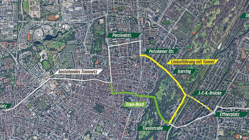 Diesen Plan haben die Grünen veröffentlicht. Er zeigt die beiden Tram-Linien. Die grüne zeigt die Trasse, die das Rathaus auf der heutigen Busspur geplant hat. Die gelbe zeigt, wie die Trasse mit einem Tunnel aussehen könnte. Doch wo genau die Tram bei dieser Variante in den Park hineinfährt, ist noch unklar. Diesen Plan haben die Grünen veröffentlicht. Er zeigt die beiden Tram-Linien. Die grüne zeigt die Trasse, die das Rathaus auf der heutigen Busspur geplant hat. Die gelbe zeigt, wie die Trasse mit einem Tunnel aussehen könnte. Doch wo genau die Tram bei dieser Variante in den Park hineinfährt, ist noch unklar.