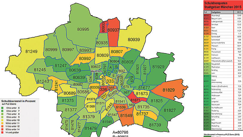 Im grünen Bereich: Die
Postleitzahl-Bereiche, in denen die Überschuldung vergleichsweise gering ist. Orange, Rot und Dunkelrot stehen für Stadtteile, in
denen besonders viele Menschen ihren finanziellen Verpflichtungen nicht mehr nachkommen können. Im grünen Bereich: Die
Postleitzahl-Bereiche, in denen die Überschuldung vergleichsweise gering ist. Orange, Rot und Dunkelrot stehen für Stadtteile, in
denen besonders viele Menschen ihren finanziellen Verpflichtungen nicht mehr nachkommen können.