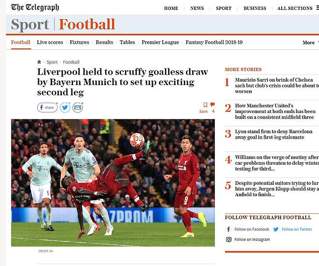 "Telegraph", England: "Liverpool wird von Bayern München zu einem gammeligen torlosen Unentschieden gebracht - ein spannendes Rückspiel steht bevor"