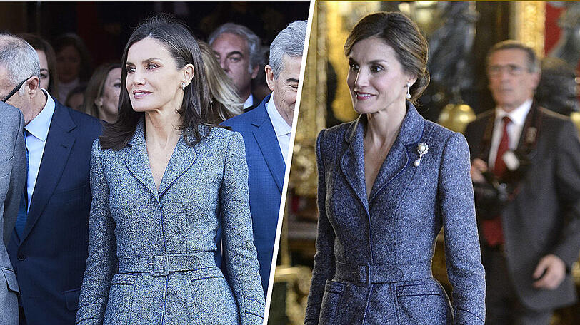 Königin Letizia von Spanien im Kostüm von Felipe Varela 2019 (l.) und 2017