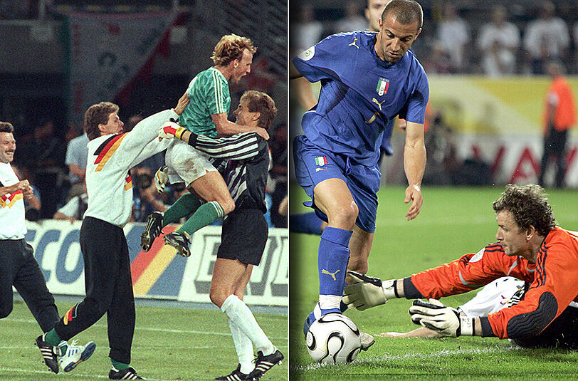 Links eine Sternstunde: Bodo Illgner wird nach dem 4:3 im Elfmeterschießen gegen England 1990 von seinen Mitspielern gefeiert. Rechts eine der traurigsten Momente der DFB-Geschichte: Allessandro del Piero lässt alle deutschen Sommermärchen-Träume in der Verlängerung des Halbfinals 2002 gegen Italien platzen und erzielt in der Verlängerung das 1:0.