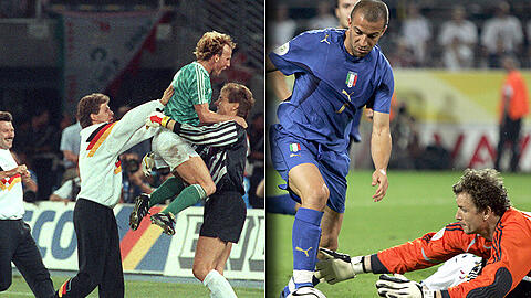 Links eine Sternstunde: Bodo Illgner wird nach dem 4:3 im Elfmeterschießen gegen England 1990 von seinen Mitspielern gefeiert. Rechts eine der traurigsten Momente der DFB-Geschichte: Allessandro del Piero lässt alle deutschen Sommermärchen-Träume in der Verlängerung des Halbfinals 2002 gegen Italien platzen und erzielt in der Verlängerung das 1:0.