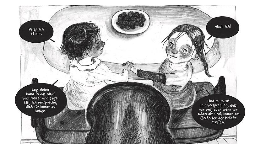 Zwei kleine Mädchen versprechen sich ewige Freundschaft. Unterm bedrohlich große Maul eines Keilers. Zwei kleine Mädchen versprechen sich ewige Freundschaft. Unterm bedrohlich große Maul eines Keilers.