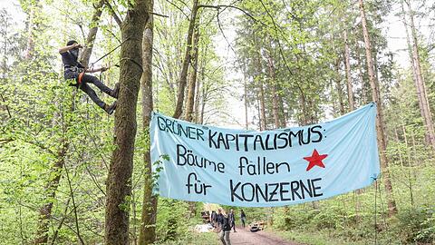 Aktivisten protestieren mit einem Banner im Forst Kasten.