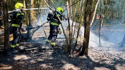 Einsatzkr&auml;fte der Freiwillige Feuerwehr Unterhaching bek&auml;mpfen am Freitag den Waldbrand.