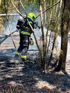 Einsatzkr&auml;fte der Freiwillige Feuerwehr Unterhaching bek&auml;mpfen am Freitag den Waldbrand.