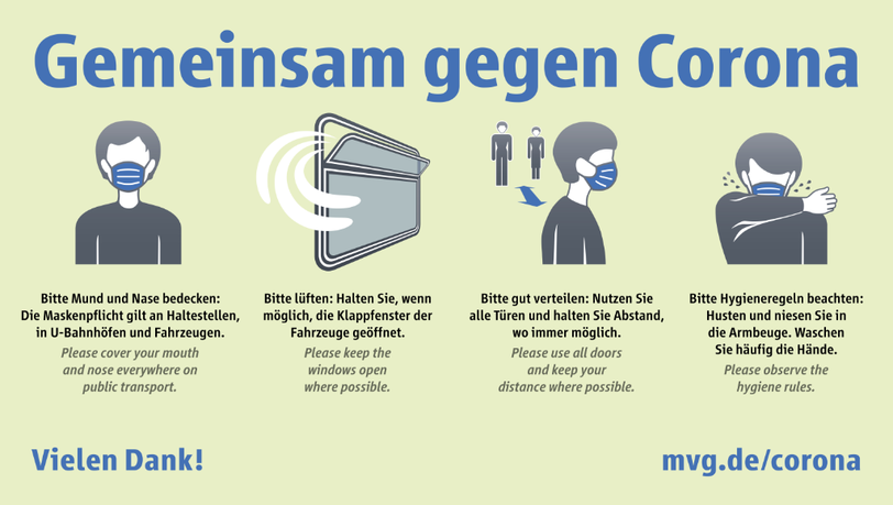 Die Münchner Verkehrsgesellschaft bittet ihre Fahrgäste, weiterhin die Corona-Regeln zu beachten. Die Münchner Verkehrsgesellschaft bittet ihre Fahrgäste, weiterhin die Corona-Regeln zu beachten.
