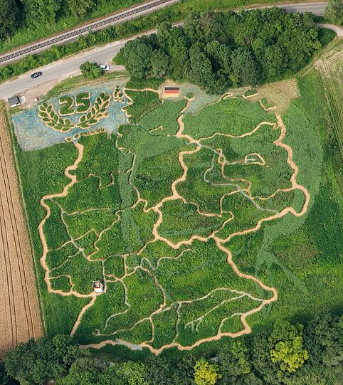 Das &bdquo;Ex Ornamentis&ldquo;-Labyrinth in Utting hat heuer das Thema &bdquo;25 Jahre deutsche Wiedervereinigung&ldquo; und sieht aus, wie eine Karte der Bundesrepublik. Wer genau hinschaut, erkennt zudem den Kopf der Kanzlerin