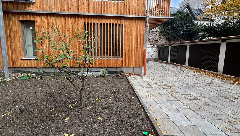 Das Apfelbäumchen hat die Bauherrin von einem Nachbarn geschenkt bekommen. Bald soll hier noch Rollrasen verlegt und Hortensien gepflanzt werden. Das Apfelbäumchen hat die Bauherrin von einem Nachbarn geschenkt bekommen. Bald soll hier noch Rollrasen verlegt und Hortensien gepflanzt werden.