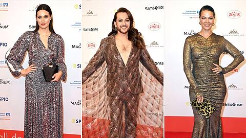 Gloria Burkandt (li.) kam zum ersten Mal zum Deutschen Filmball, Riccardo Simonetti und Jessica Schwarz kennen sich dort schon aus.