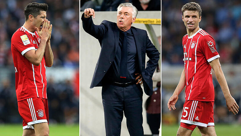 Auf der Suche nach der Identität: Robert Lewandowski, Carlo Ancelotti und Thomas Müller (von links). Auf der Suche nach der Identität: Robert Lewandowski, Carlo Ancelotti und Thomas Müller (von links).