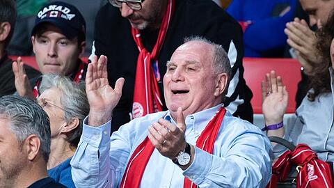 Ehrenpräsident Uli Hoeneß vom FC Bayern jubelt beim Spiel. Foto: Matthias Balk/dpa/Archivbild