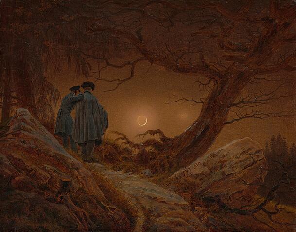 Caspar David Friedrichs "Zwei Männer in Betrachtung des Mondes" von 1819/20. Samuel Beckett hat das Gemälde als Inspiration für sein Drama"Warten auf Godot" bezeichnet und aus den beiden Männern angeblich seine Protagonisten Wladimir und Estragon gemacht.