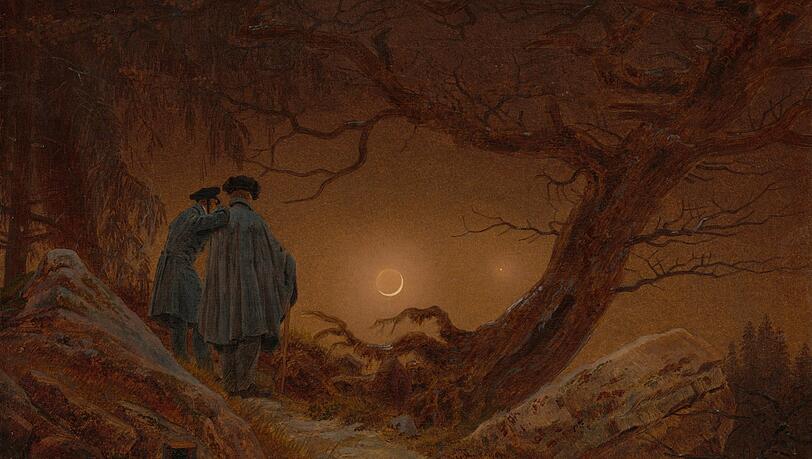 Caspar David Friedrichs "Zwei Männer in Betrachtung des Mondes" von 1819/20. Samuel Beckett hat das Gemälde als Inspiration für sein Drama"Warten auf Godot" bezeichnet und aus den beiden Männern angeblich seine Protagonisten Wladimir und Estragon gemacht. Caspar David Friedrichs "Zwei Männer in Betrachtung des Mondes" von 1819/20. Samuel Beckett hat das Gemälde als Inspiration für sein Drama"Warten auf Godot" bezeichnet und aus den beiden Männern angeblich seine Protagonisten Wladimir und Estragon gemacht.