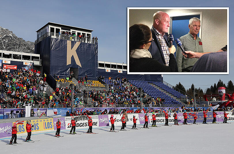 Peter Fischer (l.) und Peter Samstag vom Organisationskommitee Weltcup Garmisch-Partenkirchen müssen den Zielbereich bei der Kandahar-Abfahrt neu planen.